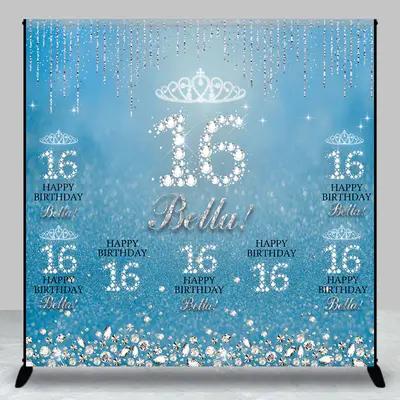 Blue Silver Sparkle Custom 16th Birthday Backdrop - Aperturee