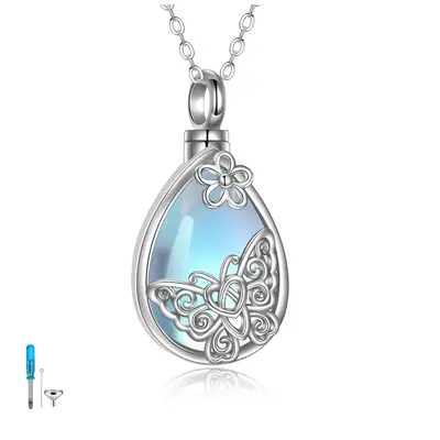 Sterling Silver Moonstone Butterfly & Drop Shape Urn Necklace for Ashes with Engraved Word
