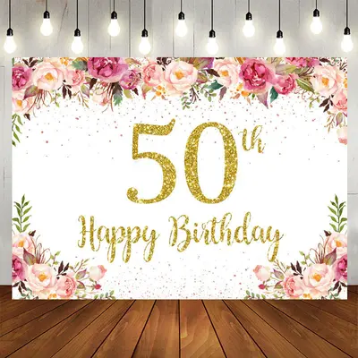 Aperturee Pink Floral Glitter 50th Birthday Backdrop Women