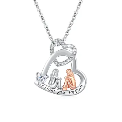 Sterling Silver Two-Tone Heart Cubic Zirconia Pendant Necklace With Engraved Word