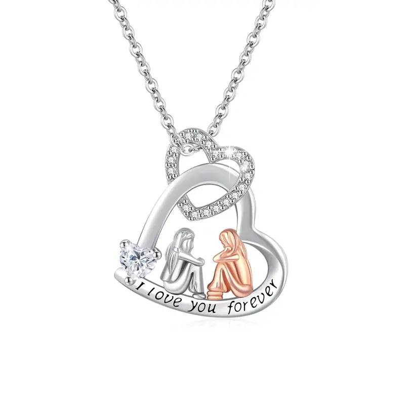 Sterling Silver Two-Tone Heart Cubic Zirconia Pendant Necklace With Engraved Word