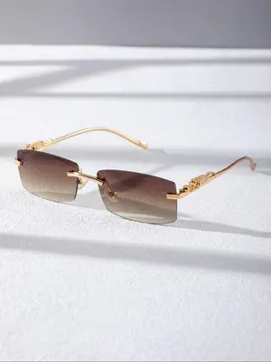 Unisex Vintage Square Frame Sunglasses with Cheetah Decor, Street Style Ombre Lens Rimless Sunglasses for Everyday Use, Fashi...