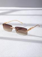 Unisex Vintage Square Frame Sunglasses with Cheetah Decor, Fall Street Style Ombre Lens Rimless Sunglasses for Everyday Use,...