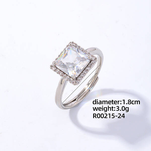 Square Platinum Brass Adjustable Ring with Cubic Zirconia