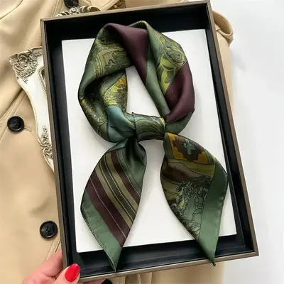 2025 Spring/Summer Retro Horse Print Neckerchief 70*70cm Green Square Scarf Women’s Breathable Imitation Silk Bandannas