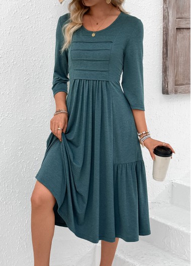 Modlily Turquoise Zipper 3/4 Sleeve Round Neck Dress - XXL