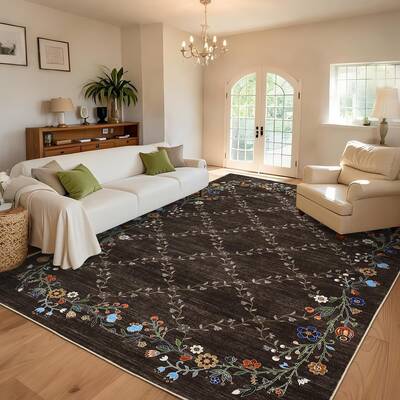 Garvee Floral Brown 8x10 Washable Area Rugs for Living Room: Modern Floral Non Slip Large Area Rugs for Bedroom, Large Machin...