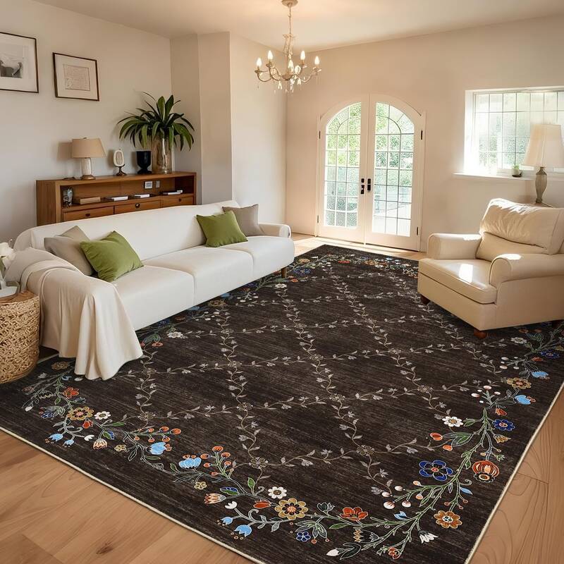 Garvee Floral Brown 8x10 Washable Area Rugs for Living Room: Modern Floral Non Slip Large Area Rugs for Bedroom, Large Machin...