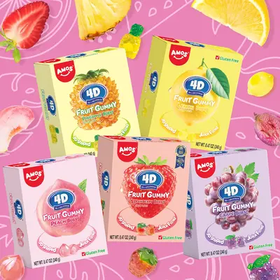 AMOS 4D Fruit Burst Gummies - Sweet & Chewy Bonbons - 240g Big Fun Pack - Strawberry Pineapple Lemon Peach & Grape - Gluten F...