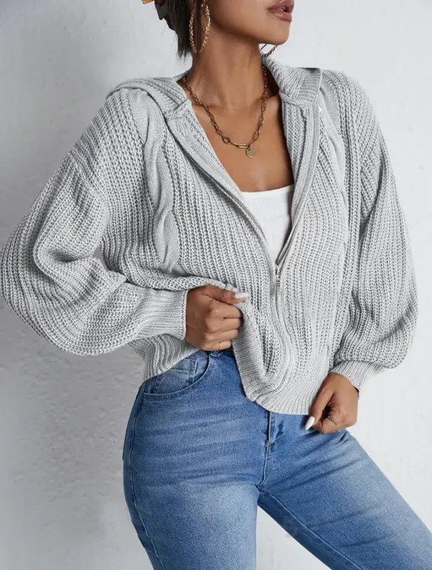 Textured Drop Shoulder Zip Up Hooded Cardigan, Casual Long Sleeve Cardigan Sweater, 2024 Women's Autumn & Winter Clothes for ...