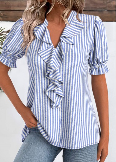 Modlily Blue Striped Short Sleeve V Neck Blouse - XXL