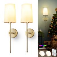 Battery Operated Wall Sconce Set of 2 with Remote Control,White Fabric Shade Wall Lights with Dimmable 15 RGB Rechargeable LE...