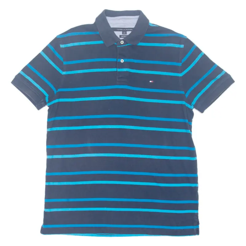 TOMMY HILFIGER Custom Fit Mens Polo Shirt Blue Striped L