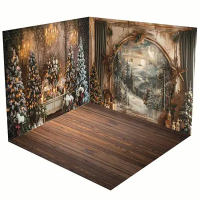 Aperturee Wooden Floor Mural Wall Christmas Room Set Backdrop | Xmas Backdrop | Christmas Photo Booth Backdrop | Christmas Ba...