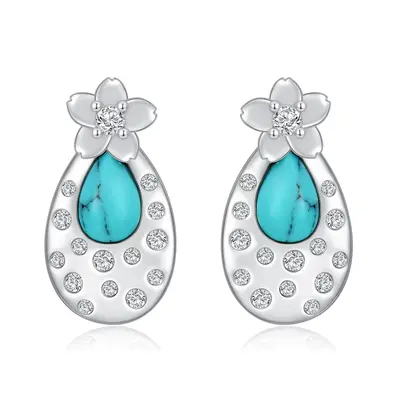 Sterling Silver Oval Shaped Turquoise Peach Blossom Stud Earrings