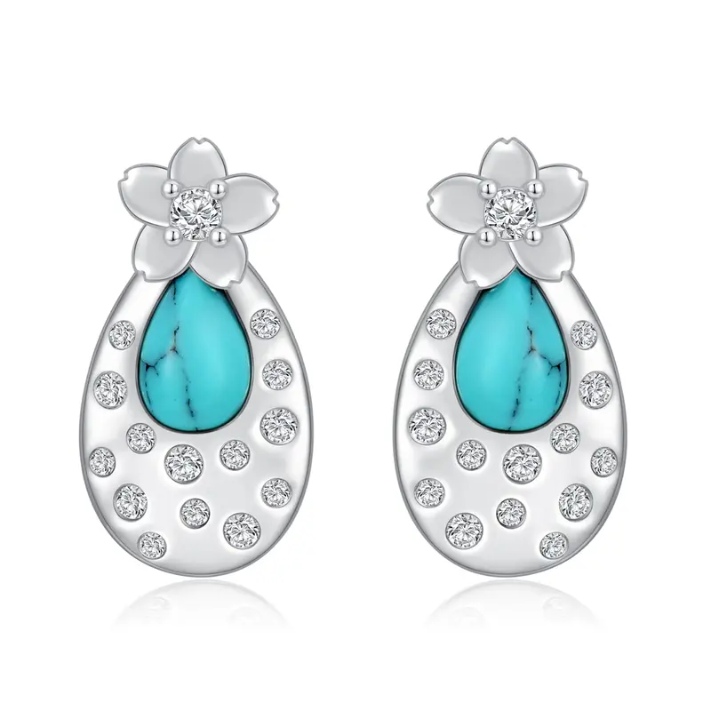 Sterling Silver Oval Shaped Turquoise Peach Blossom Stud Earrings