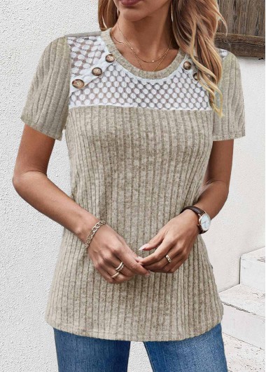 Modlily Light Camel Lace Short Sleeve Round Neck T Shirt - M