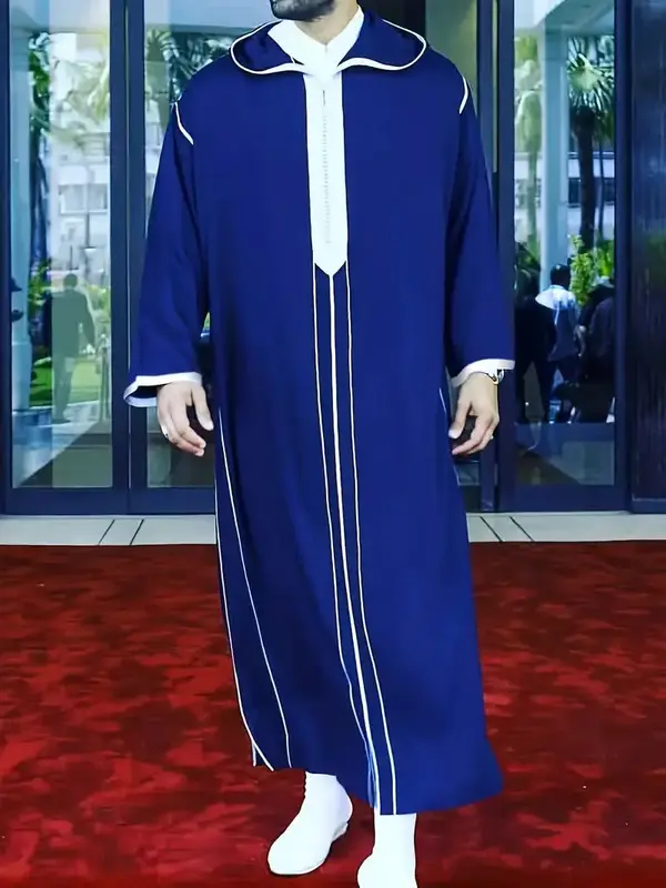 Men's Moroccan Robe - Modern Loose Hooded Thobe, Casual Style, Long Sleeve Kaftan for Daily & Eid Wear