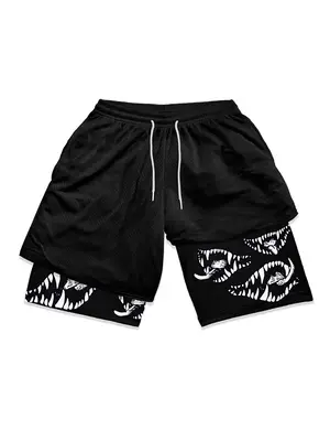 Men's Cartoon Print 2-in-1 Drawstring Shorts, Regular Fit Casual Elastic Waist Shorts, Shorts Men, Summer Shorts, Summer Bott...