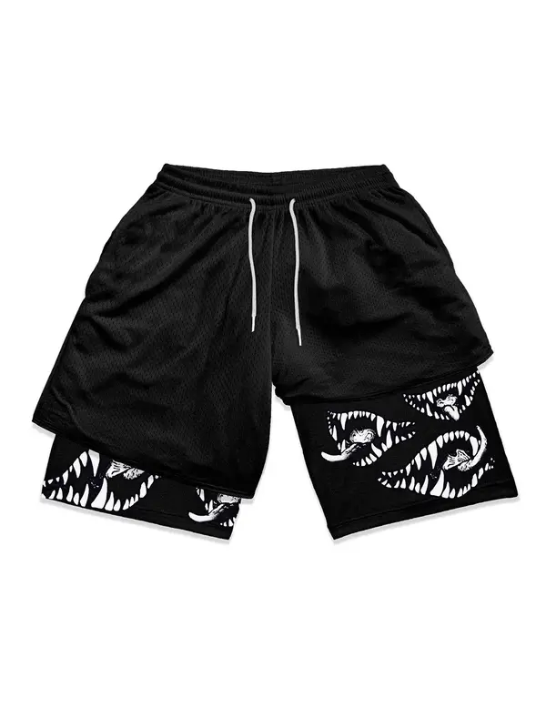Men's Cartoon Print 2-in-1 Drawstring Shorts, Regular Fit Casual Elastic Waist Shorts, Shorts Men, Summer Shorts, Summer Bott...