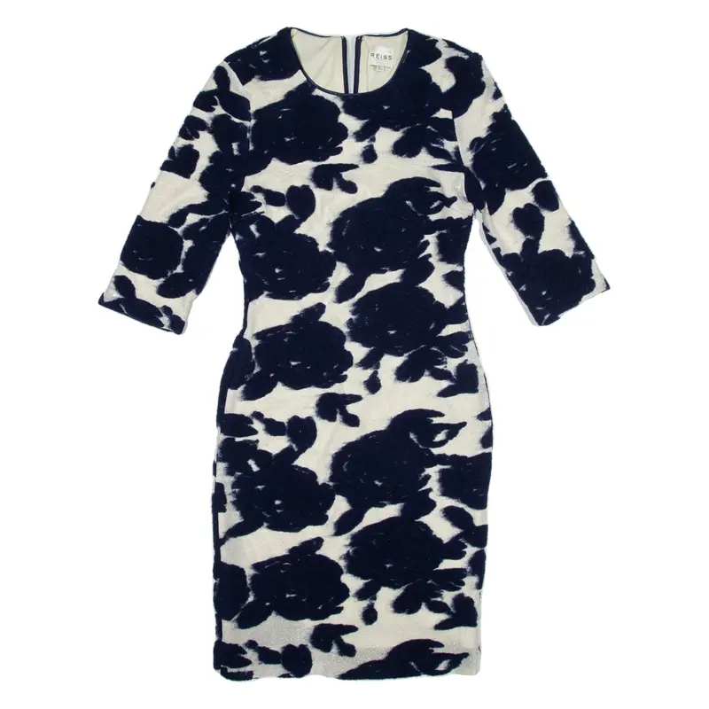 REISS Pencil Dress Blue Floral Short Sleeve Knee Length Womens UK 6