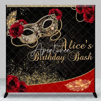 Aperturee Black Red Rose Mask Custom Name Birthday Backdrop, 3X3FT(1X1M), 15 USD, custom birthday backdrops, DZZH0F541-O