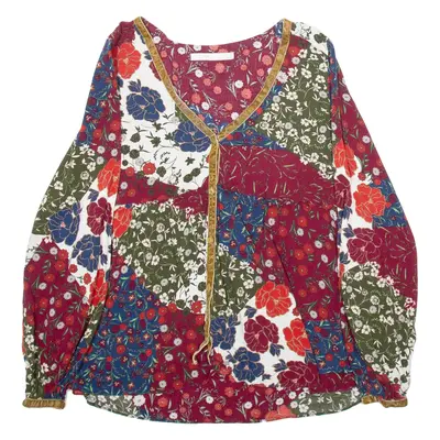 ZARA Womens Printed Blouse Maroon V-Neck Long Sleeve Floral XS