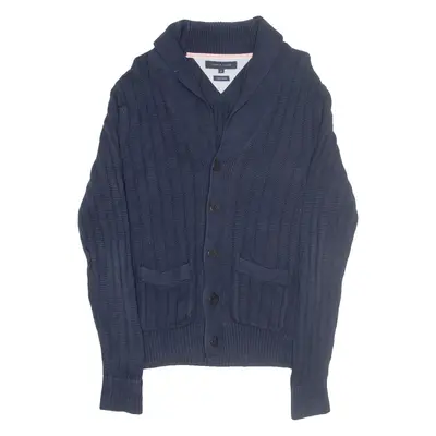 TOMMY HILFIGER Mens Cardigan Blue Button Neck Chunky Knit Linen M