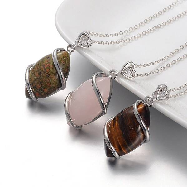 Horse Eye Platinum Plated Brass Rhinestone Gemstone Pendant Necklaces