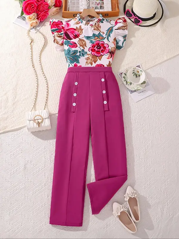 Two-Piece Set Girl's Floral Print Keyhole Neck Crop Tank Top & Wide Leg Pants Set, Casual Sleeveless Top & Pants for Summer, ...