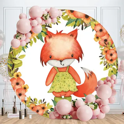 Aperturee Red Floral And Fox Round Baby Shower Backdrop
