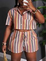 【Plus Size】 Striped Print Button Front Shirt & Shorts Two-piece Set, Casual Fitted Comfy Short Sleeve Top & Shorts for Da...