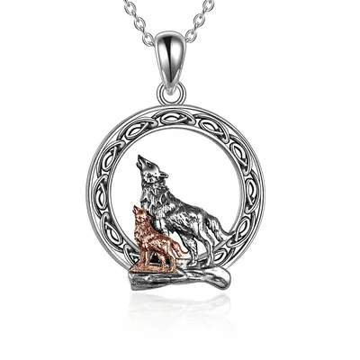 Wolf Pendant Necklace 925 Sterling Silver Cubic Zirconial Wolf Moon Necklace