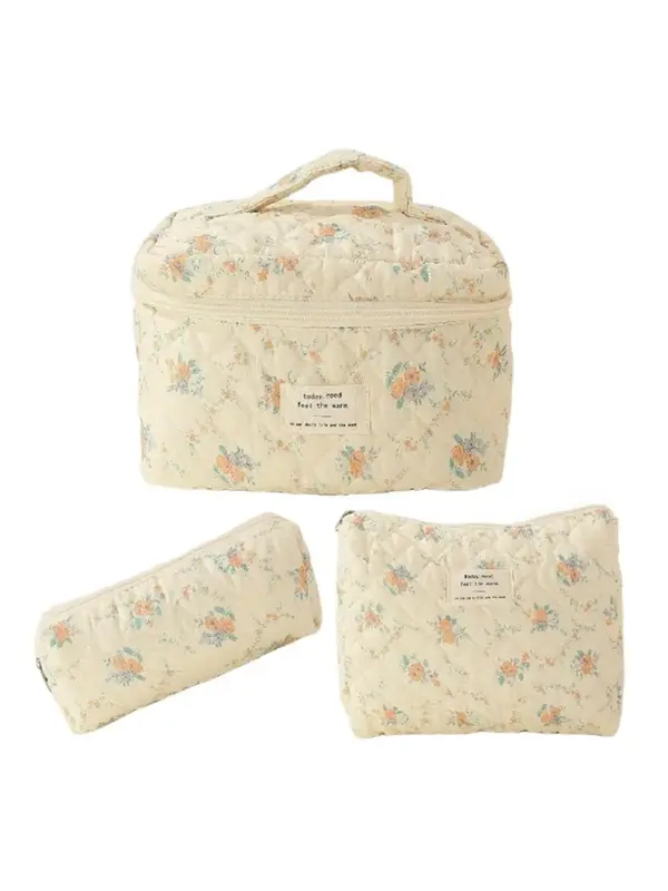 Ditsy Floral Pattern Quilted Makeup Bag Set, Large Size Cosmetic Storage Bag, Zipper Makeup Organizer Pouch, Fashion Versatil...