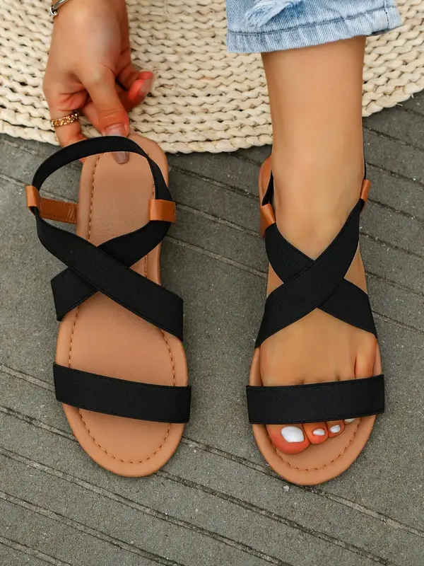 Women's Summer 2024 Fashionable Colorblock Criss Cross Design Slide Sandals, Elegant Comfortable Flat Sandals for Beach Holid...