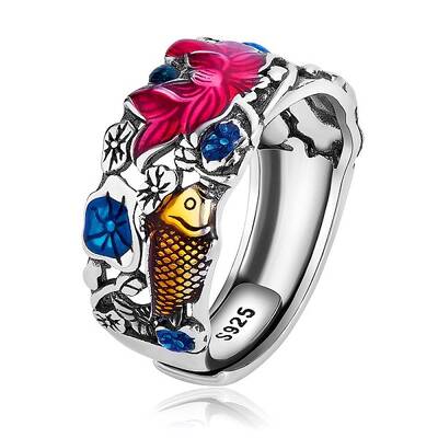 Anti-Tarnish Rhodium Plated 925 Sterling Silver Fish with Lotus Adjustable Ring with Enamel for Women