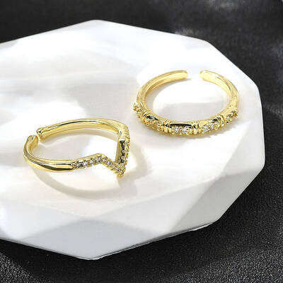 2Pcs 2 Styles Brass Micro Pave Clear Cubic Zirconia Cuff Rings for Women