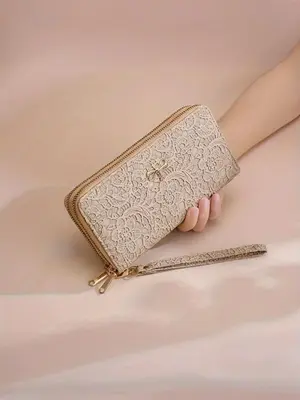 Multi-compartment Elegant Contrast Lace Design Long Wallet, Fashionable Zipper Long Wallet for Women & Girls, Casual Trendy V...