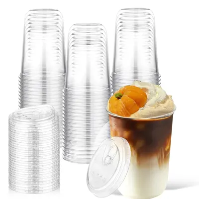 50 Pack 12oz（354.84ML)/16oz(473.12ML) 2sizes Disposable Iced Coffee Cups with Strawless Lids Clear Plastic Cups with Sip Li...