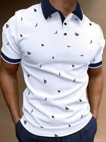 Men's All Over Print Contrast Binding Half Placket Polo Shirt, Regular Fit Casual Short Sleeve Button Front Top for Summer, M...