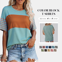 SHEWIN 2025 Summer Women's Casual Short Sleeve Shirts Loose Crewneck Color Block Tshirts Tops
