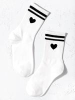 Women's Heart & Striped Print Crew Socks, 1 Pair Casual Comfy Socks for Daily Wear, Ladies Socks for All Seasons, Womenswear