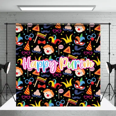 Colorful Clown Happy Purim Carnival Party Backdrop - Aperturee