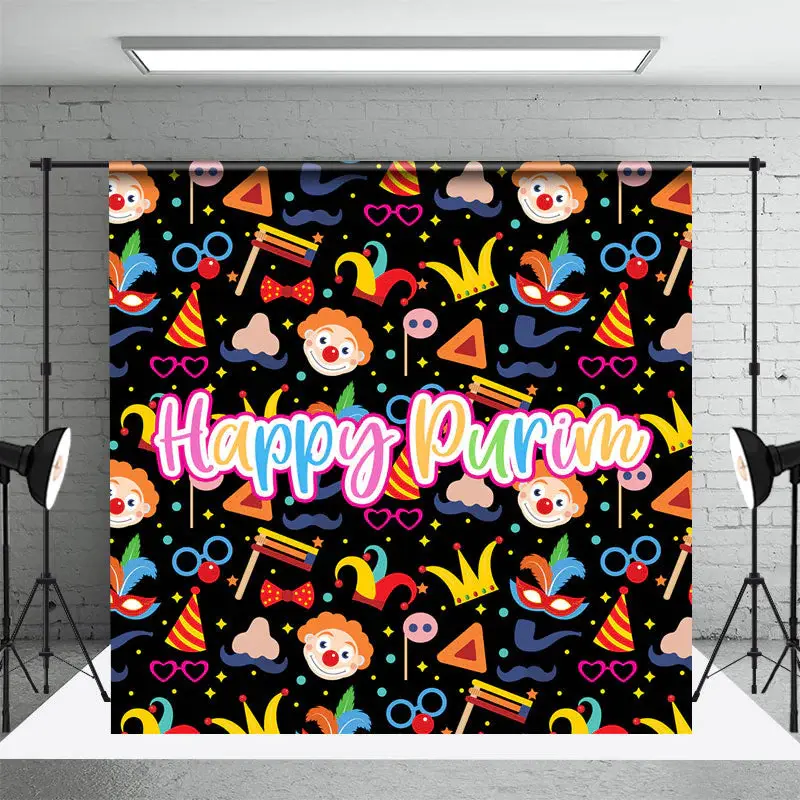 Colorful Clown Happy Purim Carnival Party Backdrop - Aperturee