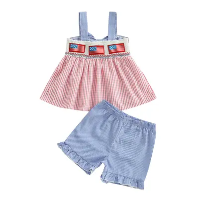 Toddler Baby Girl 4th of July Outfit US Flag Embroidery Plaid Sleeveless Tank Tops with Shorts Cute Summer Independence Day C...