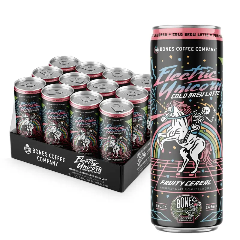 Bones Coffee Company Electric Unicorn, Fruity Cereal Flavored Coffee, 12oz Cold Brew Latte, Canned Coffee Drinks. (12 Pack)