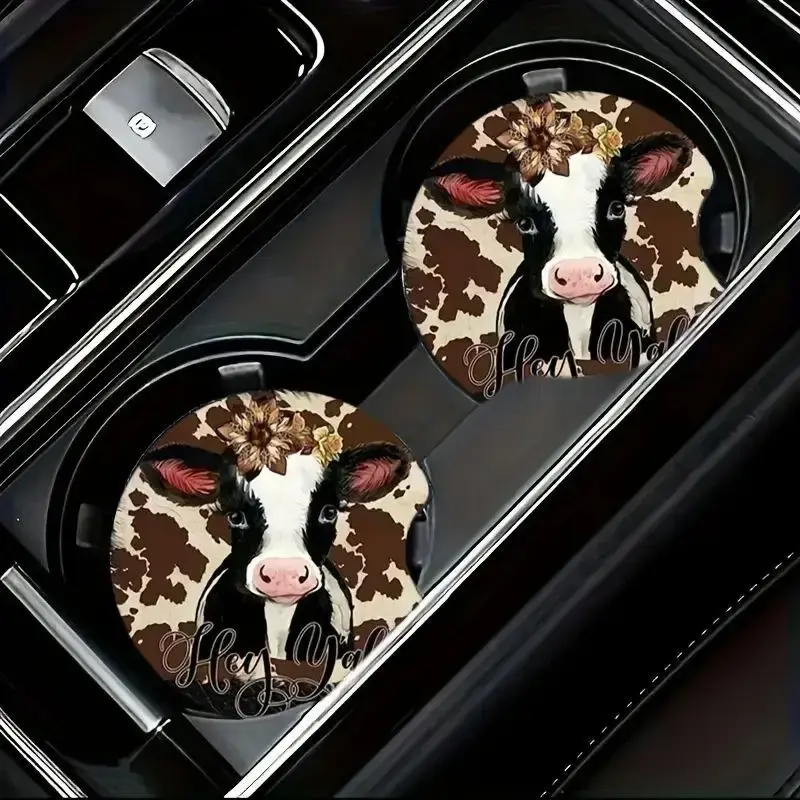 Cute Cow Pattern Car Coaster, Groove Design Non-slip Heat Insulation Car Cup Holder Coaster, Car Interior Decoration Accessor...