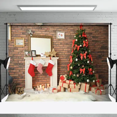 Aperturee Brown Bricks Wall Xmas Tree Merry Christmas Backdrop