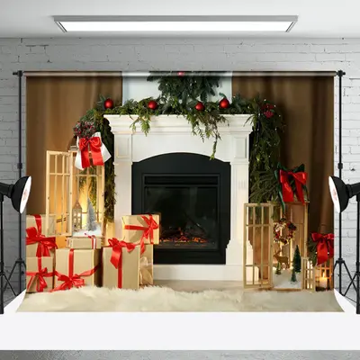Aperturee White Elegant Fireplace Wreath Christmas Backdrop
