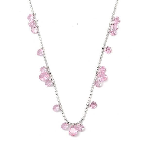 304 Stainless Steel Cubic Zirconia Teardrop & Flat Round Bib Ball Chain Necklaces for Women